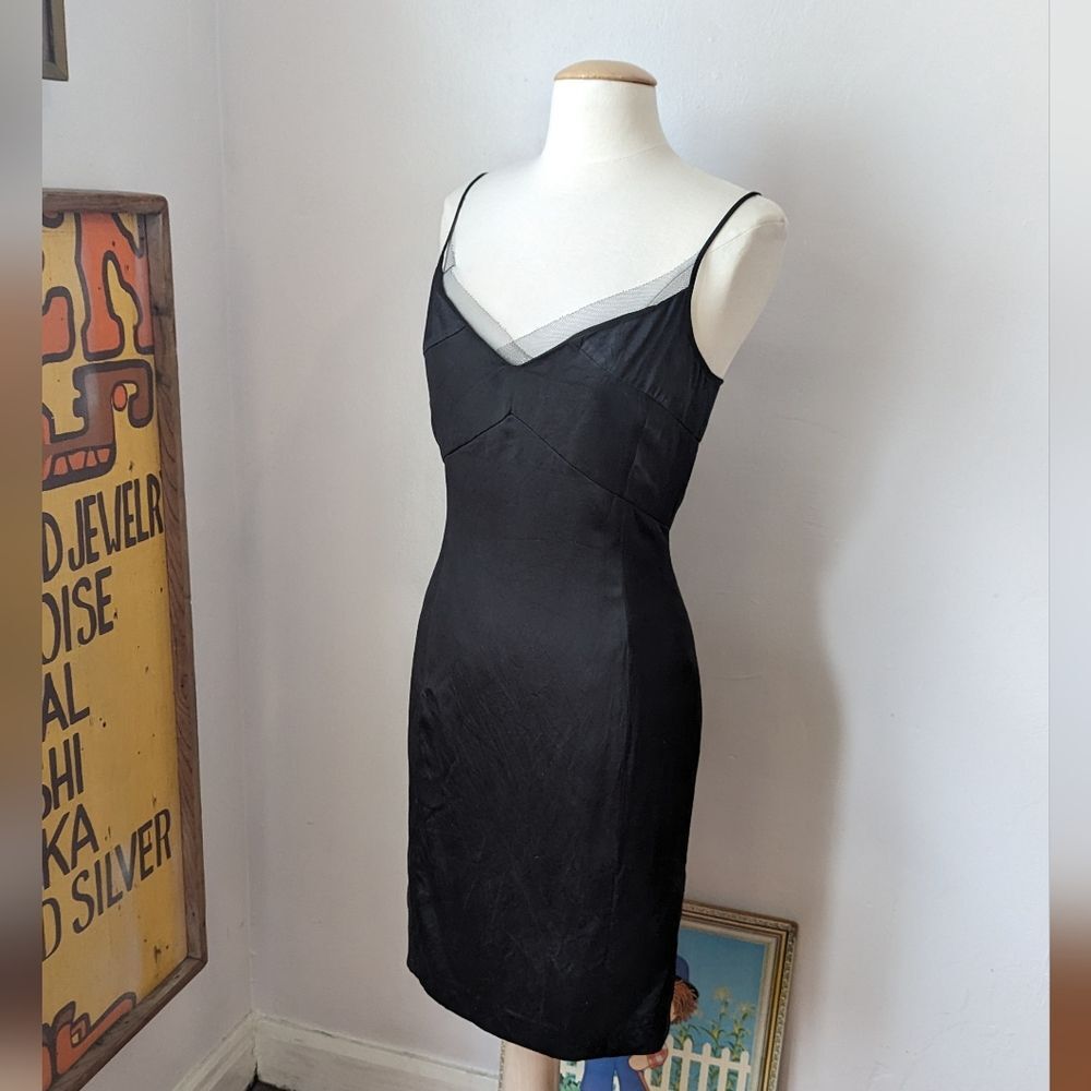 Black Silk Spaghetti Strap Mesh Trimmed Dress By Kenneth Cole Size 6